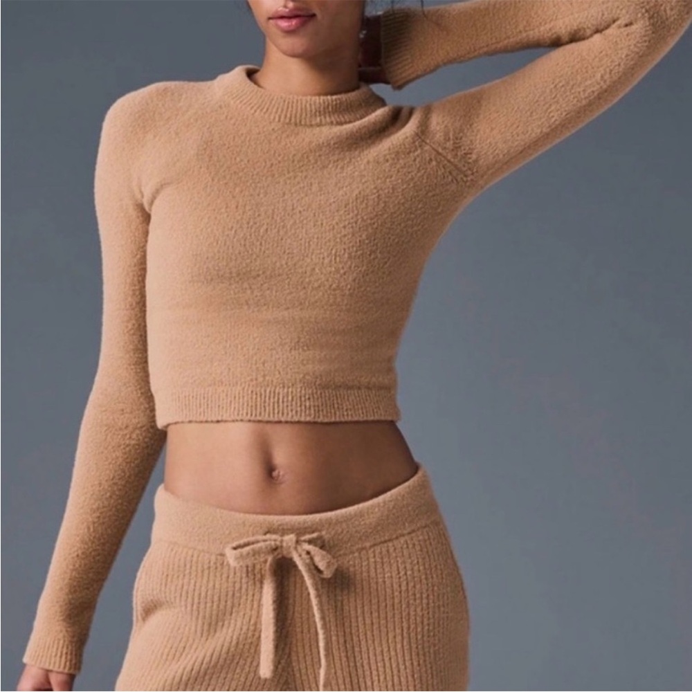 ALO Snuggle up Sweater long Sleeve fuzzy plush Crop Top size Small Camel Taupe